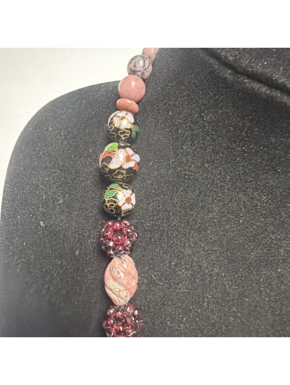 Vintage Art Glass Beaded Necklace Wedding Cake Style Beads Stone Carved Chinese - Picture 2 of 14